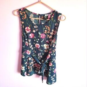 Bobeau Bohemian Floral Assymetrical Blouse Sleeveless Flowy Waist Sash